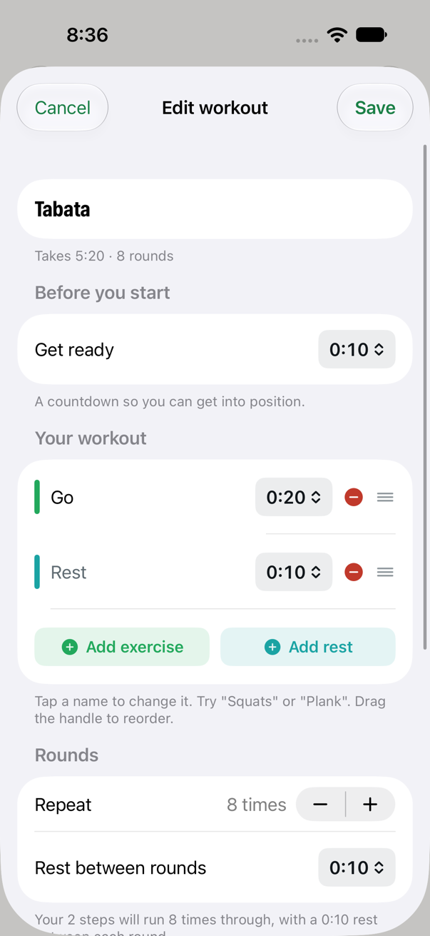 The workout editor: a Tabata of 20 seconds Go and 10 seconds Rest, repeated 8 times