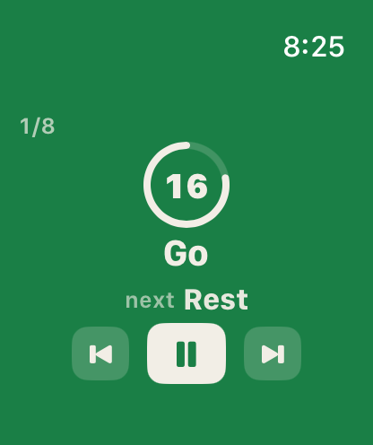 The Apple Watch app counting down a Go interval, round 1 of 8