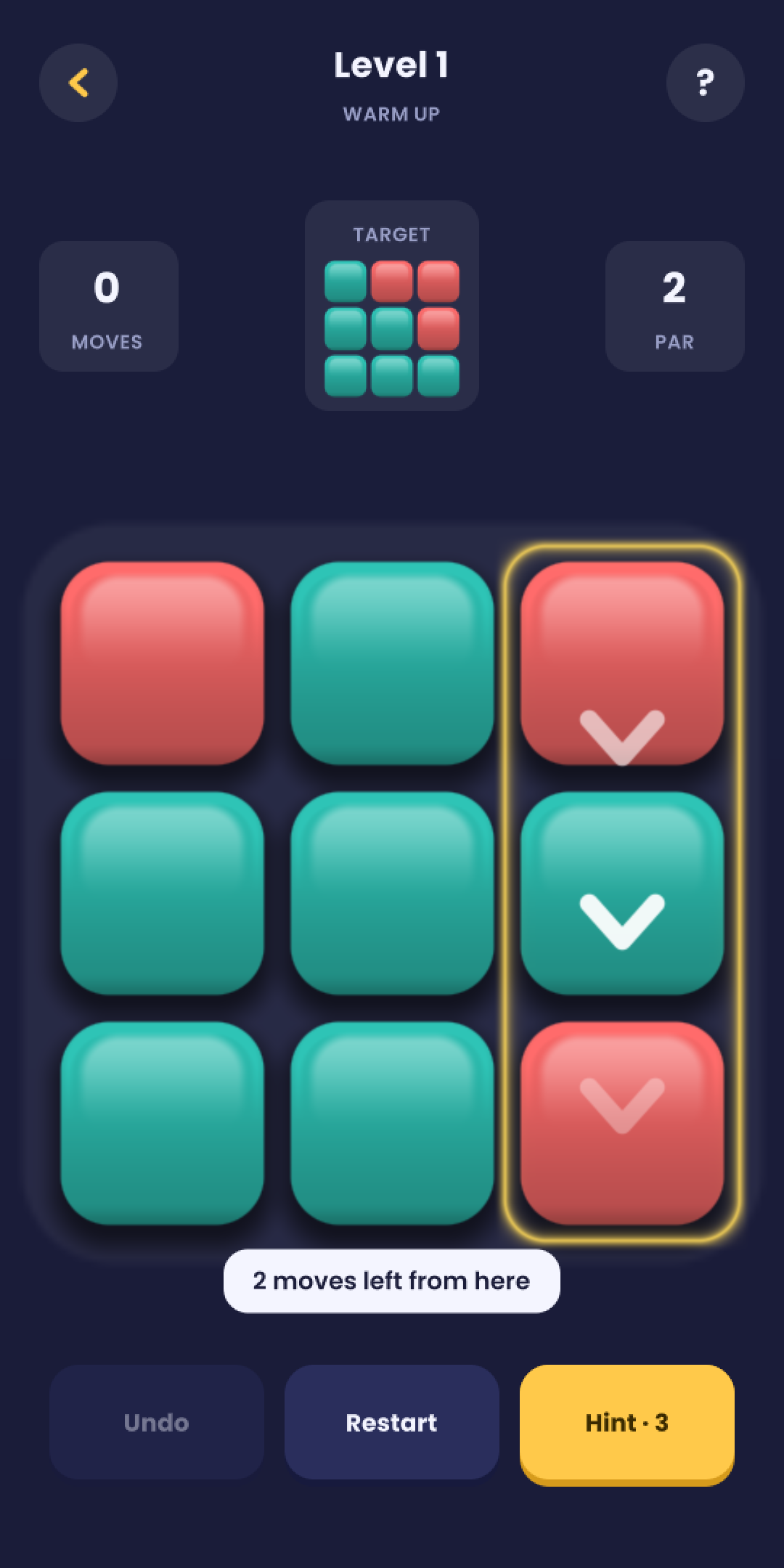 A Par puzzle in progress: a board of coloured tiles, the target picture above, and a hint outlining a column