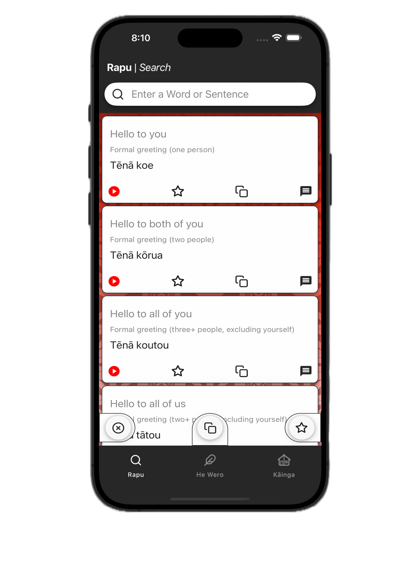 Ako Tahi phrase search results for greetings